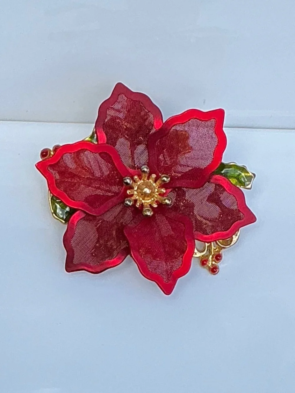 Vintage 1990s Kenneth Cole Signed Red Mesh Poinsettia Brooch Holiday Pin
